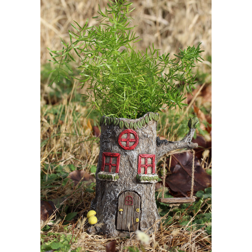 Home Sweet Stump - fairy house planter with opening door and swing image 1