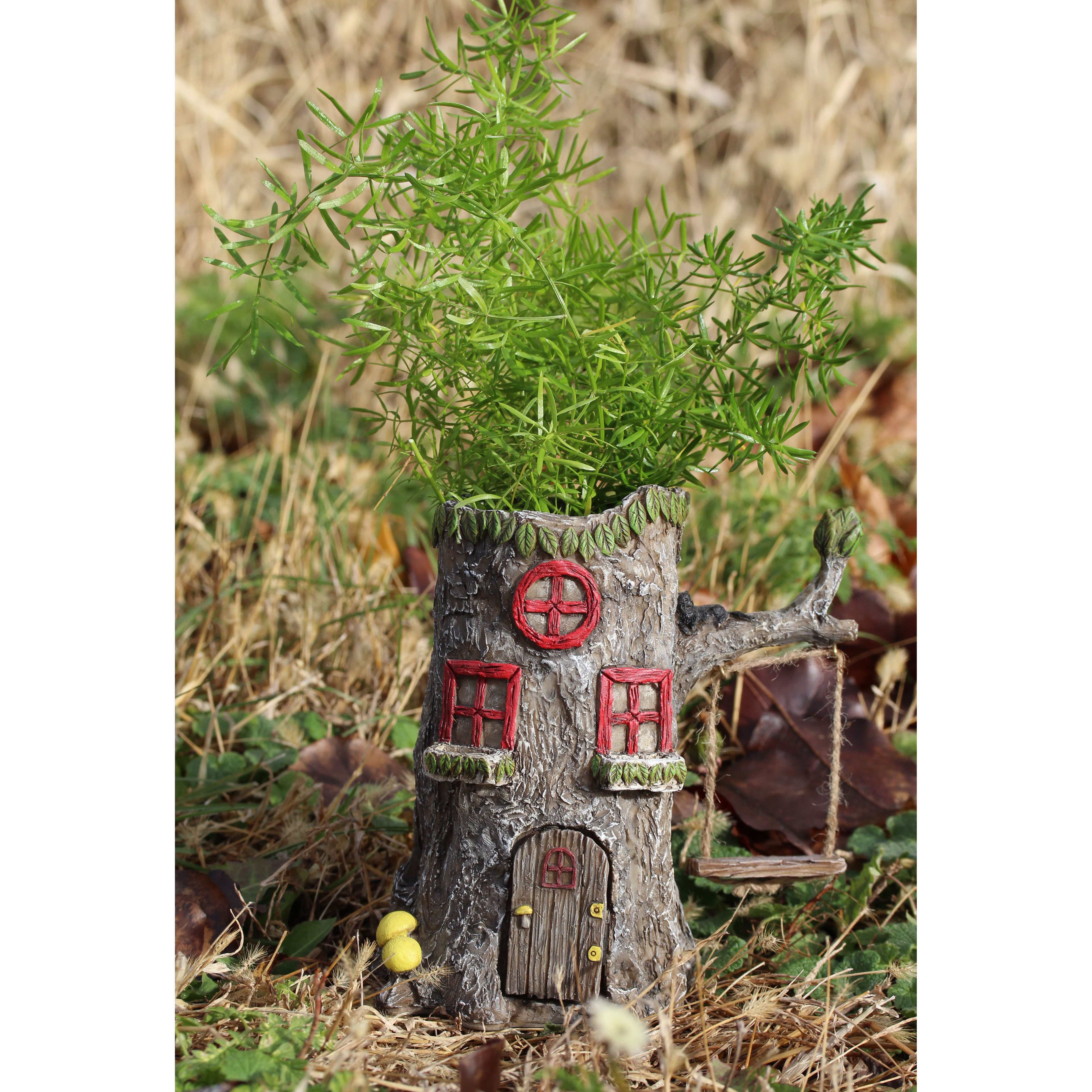 Home Sweet Stump - fairy house planter with opening door and swing image 1