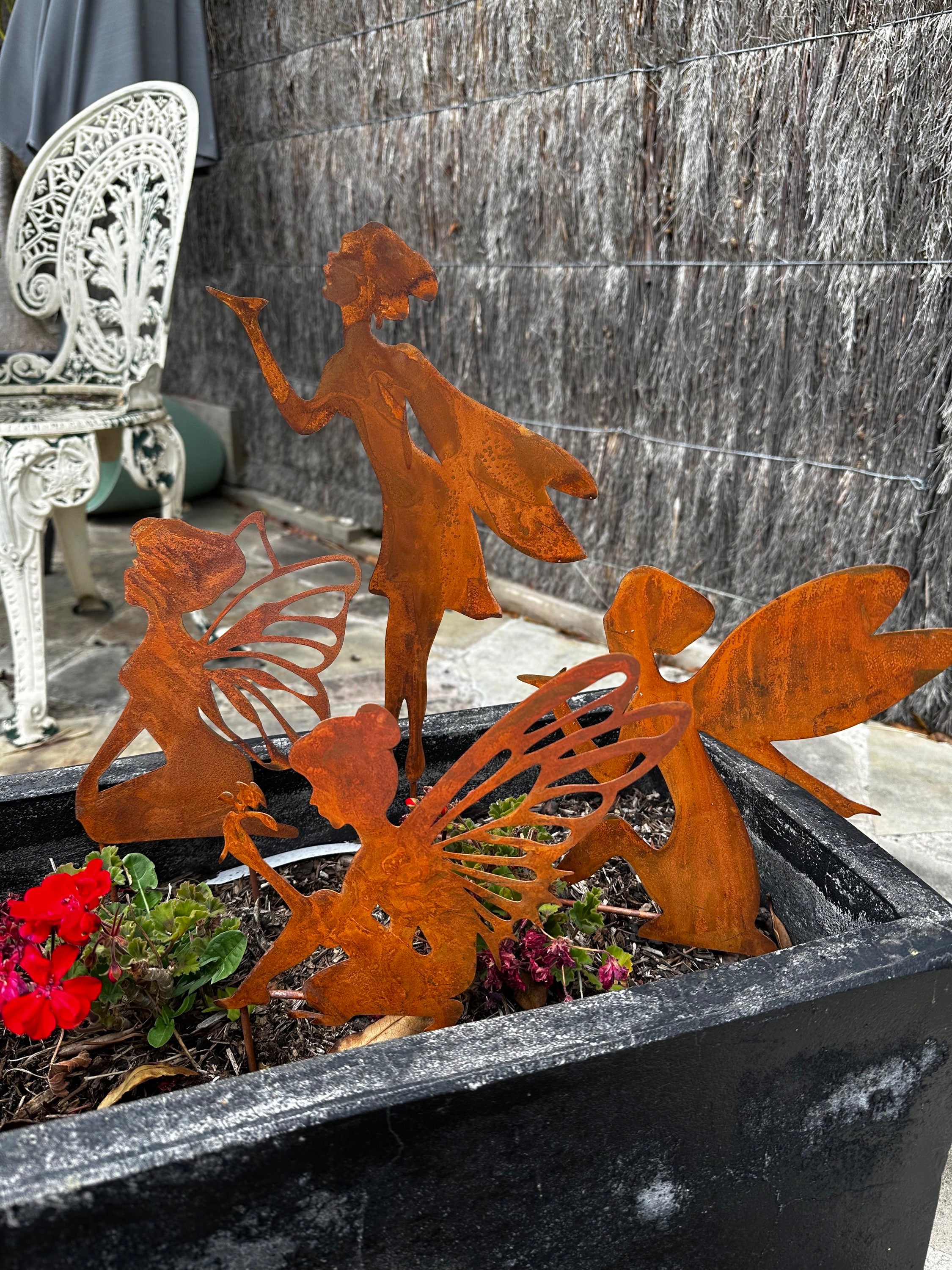Set of 4 Corten Rusty Metal Fairy Stakes image 0