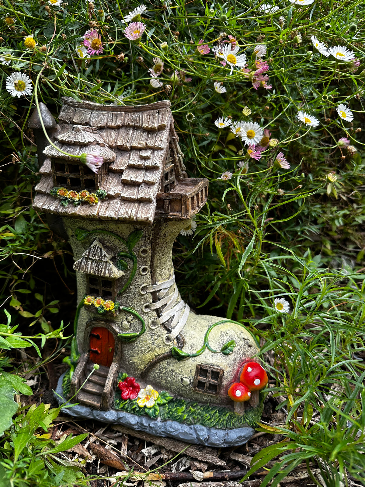 Solar fairy garden boot house