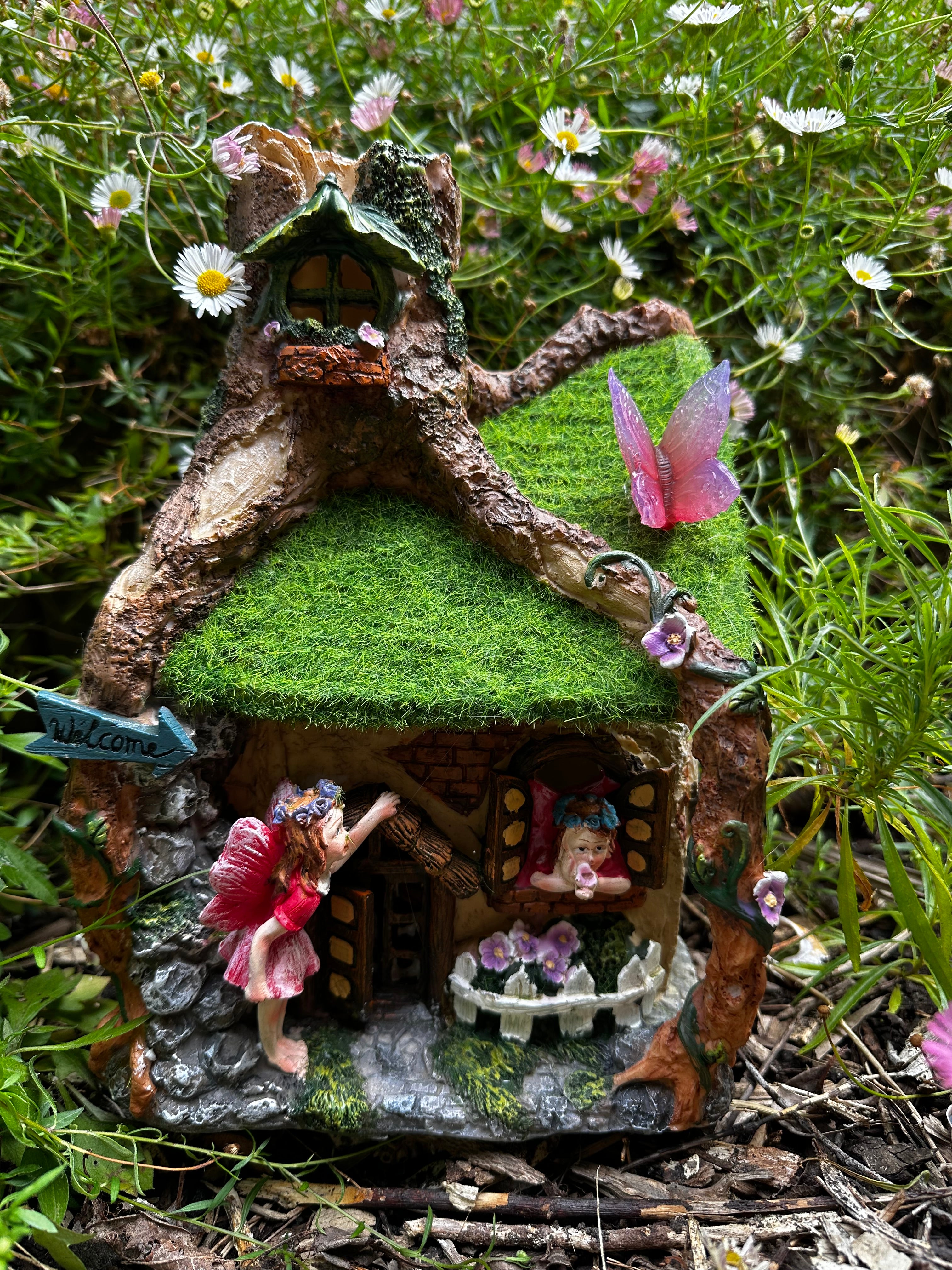 Solar fairy cottage house with butterflies and fairies