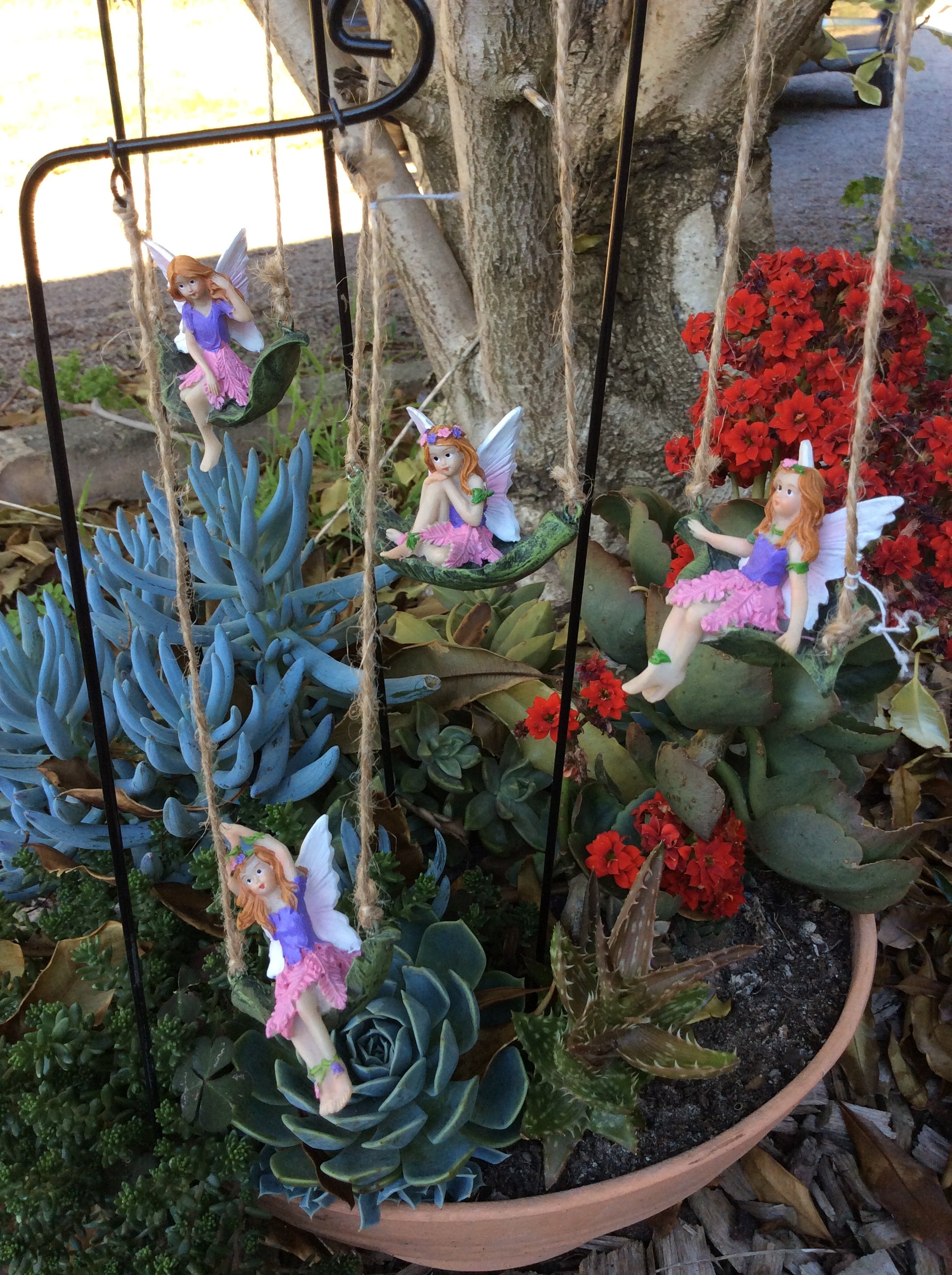Set of 4 fairies sitting on a leaf swing with metal stake image 2