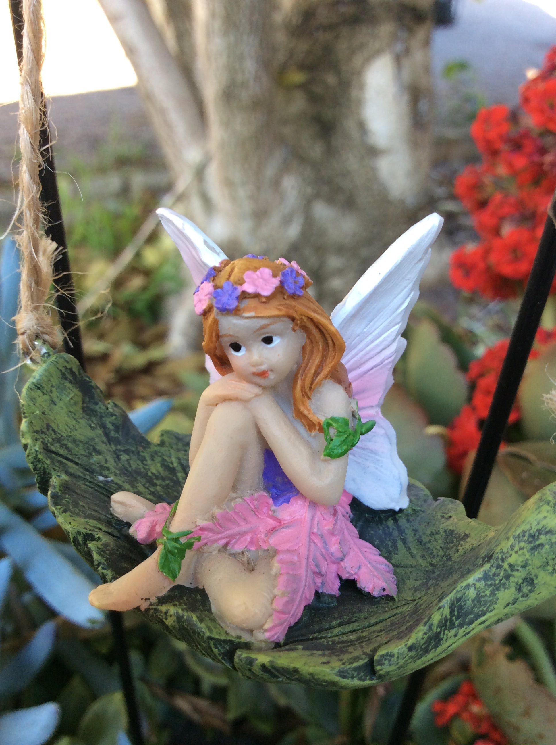 Set of 4 fairies sitting on a leaf swing with metal stake image 4