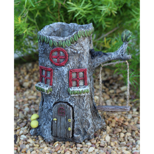 Home Sweet Stump - fairy house planter with opening door and swing image 0