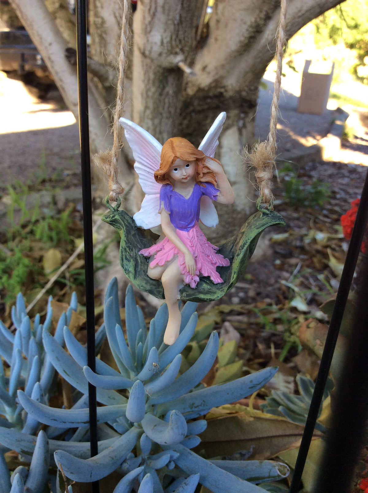 Set of 4 fairies sitting on a leaf swing with metal stake image 5