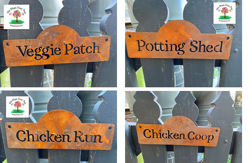 Rusty Metal Garden Signs - chicken, potting shed, veggie